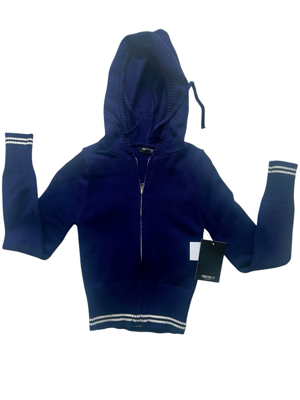 Forever 21 Navy Hooded Half-Zip Pullover with Stripe Trim - Picture 3 of 4